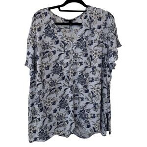 Floral Print Button Up Top Blouse‎ Blue White Navy Short Sleeve